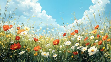 Vibrant Summer Meadow Blooming Wildflowers under a Sunny Sky