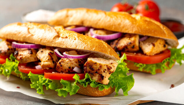 Gourmet grilled chicken sandwiches with fresh lettuce, juicy tomatoes and red onions on baguette.