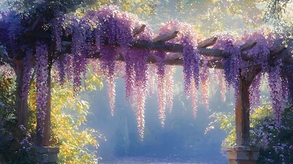 Serene Purple Wisteria Blossoms Draped Over Wooden Pergola in a Misty Garden