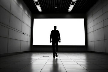 Fototapeta premium Man Walking Towards Blank White Screen Modern Minimalist Stock Photo