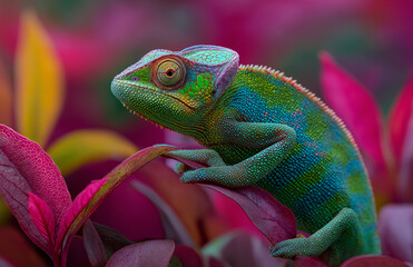 Fototapeta premium A colorful chameleon, perched on the leaves of an exotic plant in its natural habitat