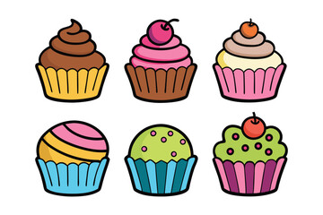 Set of hand drawn cupcake isolated on white background