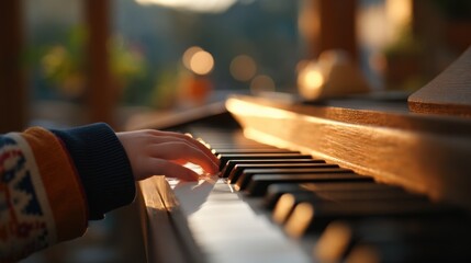 Child's Tiny Fingers Touching Piano Keys for the First Time