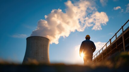 Person Standing Near Towering Nuclear Cooling Tower at Sunset