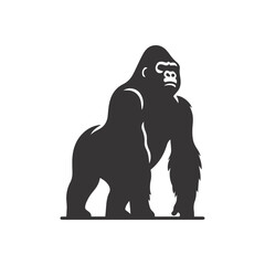 Standing gorilla silhouette black vector for powerful primate pose and jungle wildlife nature graphics