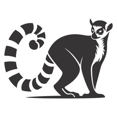 Fototapeta premium Lemur silhouette with striped tail black vector for jungle wildlife and exotic nature animal designs