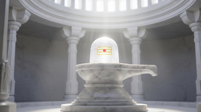 A white Shiva Linga crafted from glowing crystal in a serene temple made of polished white marble with a domed ceiling