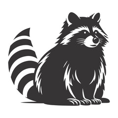 Black vector silhouette of sitting raccoon for forest wildlife clipart and masked animal art