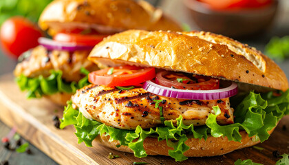 Gourmet grilled chicken sandwiches with fresh lettuce, juicy tomatoes and red onions on baguette.