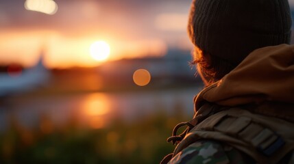 Ultra realistic back view of soldier in fatigues at sunset scenery