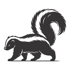 Walking skunk silhouette black vector for woodland wildlife and smelly defense animal graphics