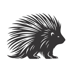 Black vector silhouette of porcupine with raised quills for forest wildlife clipart and defensive animal art