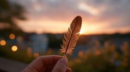 Young Hand Holding Feather Against Beautiful Natural Backdrop