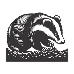 Black vector silhouette of badger digging for forest wildlife clipart and burrowing animal art