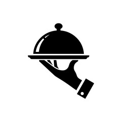 Fototapeta premium Solid black icon of waiter hand holding cloche representing food service or hospitality