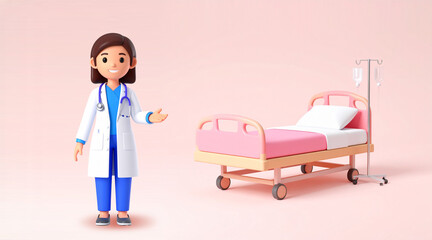 3D illustration of a female doctor and a hospital bed | Medical, hospital, health, examination, hospitalization image material | For clinics, medical institutions, websites, and brochures | Depicting 
