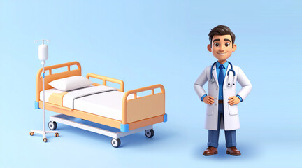3D illustration of a male doctor and a hospital bed | Image material for medical care, hospitals, health, examinations, and hospitalization | For clinics, medical institutions, websites, and brochures
