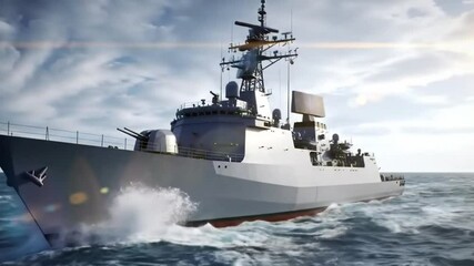 3D animation of a modern naval frigate cutting through deep blue ocean waves under a cloudy sky, radar dish rotating and emitting scanning pulses, subtle lens flares and water spray effects - Powered by Adobe