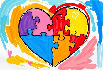 Whimsical hand-drawn puzzle pieces forming a heart, autism awareness theme, vibrant, whimsical