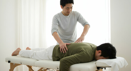 Fototapeta premium Relaxing Back Massage Therapy Treatment Pain Relief Wellness Spa Healthcare Professional Care