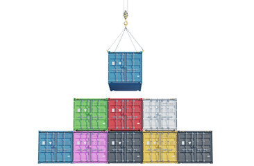 Pyramid stack of multicolored shipping containers isolated on transparent background. Front view. 3D illustration