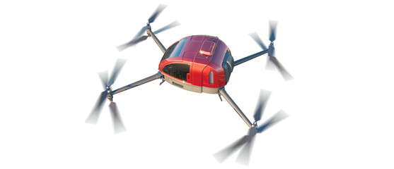 Top view of red flying vehicle during flight isolated on transparent background. 3D illustration