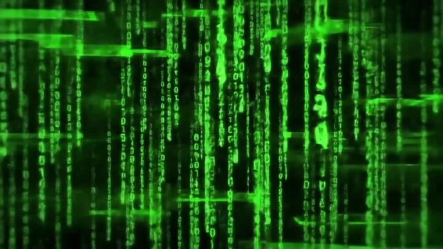continuous cascade of glowing green digital code falling from top to bottom in vertical streams, inspired by The Matrix, dark background, high contrast, glitch effects, flickering light pulses