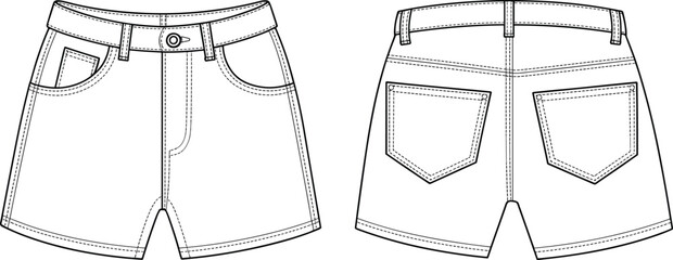 Denim, shorts, flat, vector, cad, drawing, front, back, sketch, illustration, fashion, template, technical, casual, wear, unisex, clothing, summer, apparel, mockup