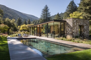 Modern Stone And Glass House With Pool And Mountain View
