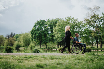 A woman aids a wheelchair user outdoors on a scenic park path lined with lush green trees,...