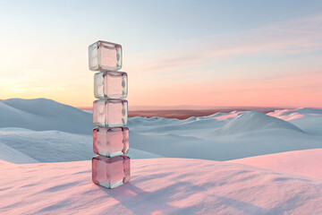 A surreal stack of pink ice cubes in a snowy landscape at sunset. A minimalist, abstract 3D render with a beautiful pastel sky. generative ai
