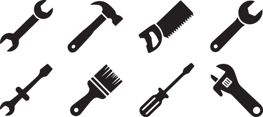 Naklejka premium Collection of black silhouette icons representing various tools on a white background