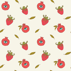 Seamless surreal vector pattern featuring a pomegranate with eyes and a strawberry with an octopus. A mystical and imaginative design blending fantasy elements with minimalist line art