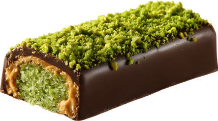  Dubai Chocolate bar with green kadayif and peanut butter isolated on a white background