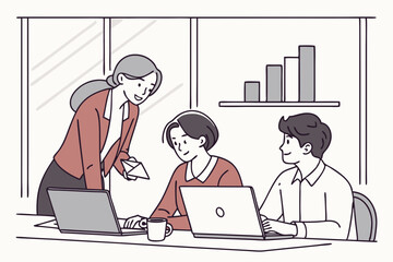 Business team collaboration with laptops in modern office workspace scene