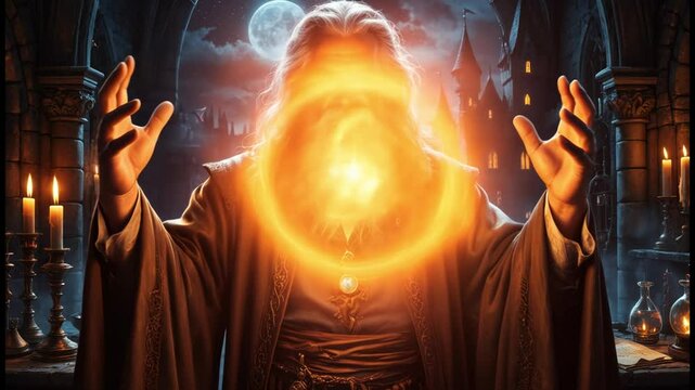 Silver-haired wizard conjures fireball: medieval magic ritual manipulating flames between palms.