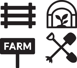 black and white silhouettes showing key farm structures and signage, such as fences, greenhouses, and garden tools, Top-Down Pivot Irrigation Field Vector, Circular Farm Irrigation System Silhouette