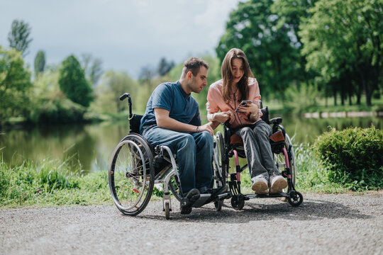 Wheelchair-bound friends bonding outdoors by a tranquil lake, using a smart phone, demonstrating connection, accessibility, and enjoyment of nature.