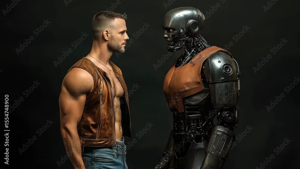 Aufkleber Man and a humanoid robot looking at each other. Perfect for illustrating the development of AI and robotics. Visualizing Progress. Advanced Technologies and Their Impact on Humanity.