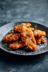 Fototapeta premium Golden fried strips are arranged on a dark plate, sprinkled with coarse salt and garnished with thyme.