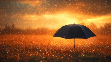 A solitary black umbrella sits open in a golden field under a dramatic, stormy sky, capturing a mood of quiet solitude and protection from the elements