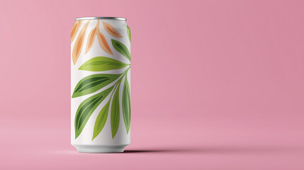 Beverage can featuring vibrant leaf patterns in green and orange colors, set against a soft pink background, showcasing modern design and artistic branding concepts
