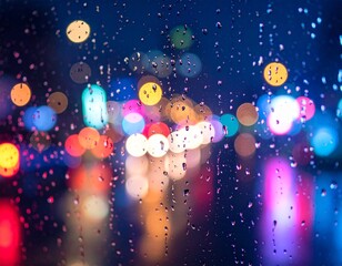 Fototapeta premium Rain-soaked glass against dark background with neon light reflections. 