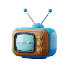 A cartoonish rendering of a retro television set displaying a test pattern against a black background