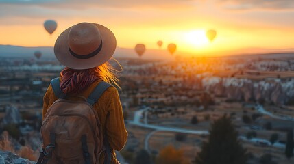 A solo traveler in a wide-brimmed hat gazes at numerous hot air balloons gracefully ascending over a stunning valley at golden sunrise