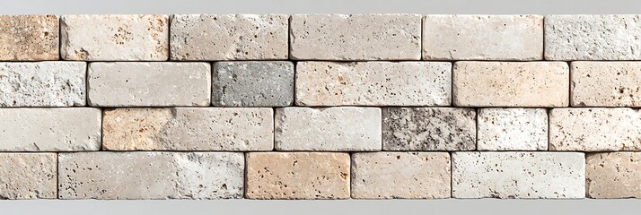 Obraz premium A close-up view of a textured beige brick wall with varied rectangular bricks and subtle natural color variations.