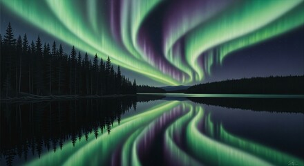 A photorealistic painting of a serene lake at night, with a perfect reflection of a sky filled with the vibrant green and purple aurora borealis.