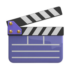 Obraz premium A purple clapperboard with black and white stripes on top isolated against a black background image