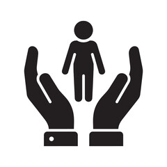Fototapeta premium Human care and protection icon with hands covering a person symbol for life insurance safety social work community support and family welfare vector solid glyph icon