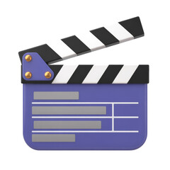 Obraz premium A purple clapperboard with black and white stripes opened on a black background in a rendered style